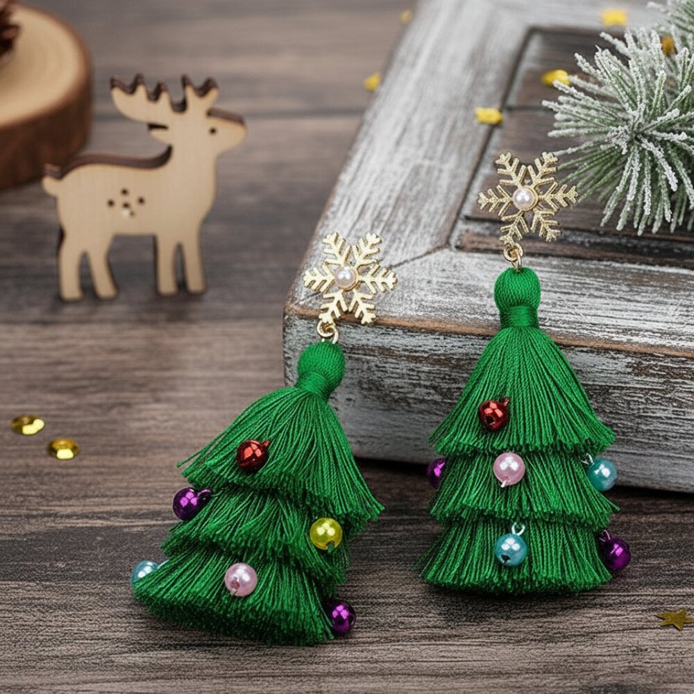 Christmas Tree Earrings Dangle Drop Dangling Tassel Holiday Ladies Boho Jewelry - Picture 3 of 6